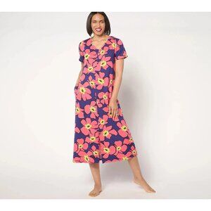 Stan Herman Short Sleeve Maxi Dress Size Large Floral Fuchsia Navy Blue Bohemian
